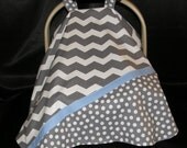 Car Seat Canopy - Grey Cheveron and Blue