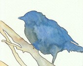 Blue Bird On Branch Silhouette, Original Watercolor Painting Illustration, 5x7