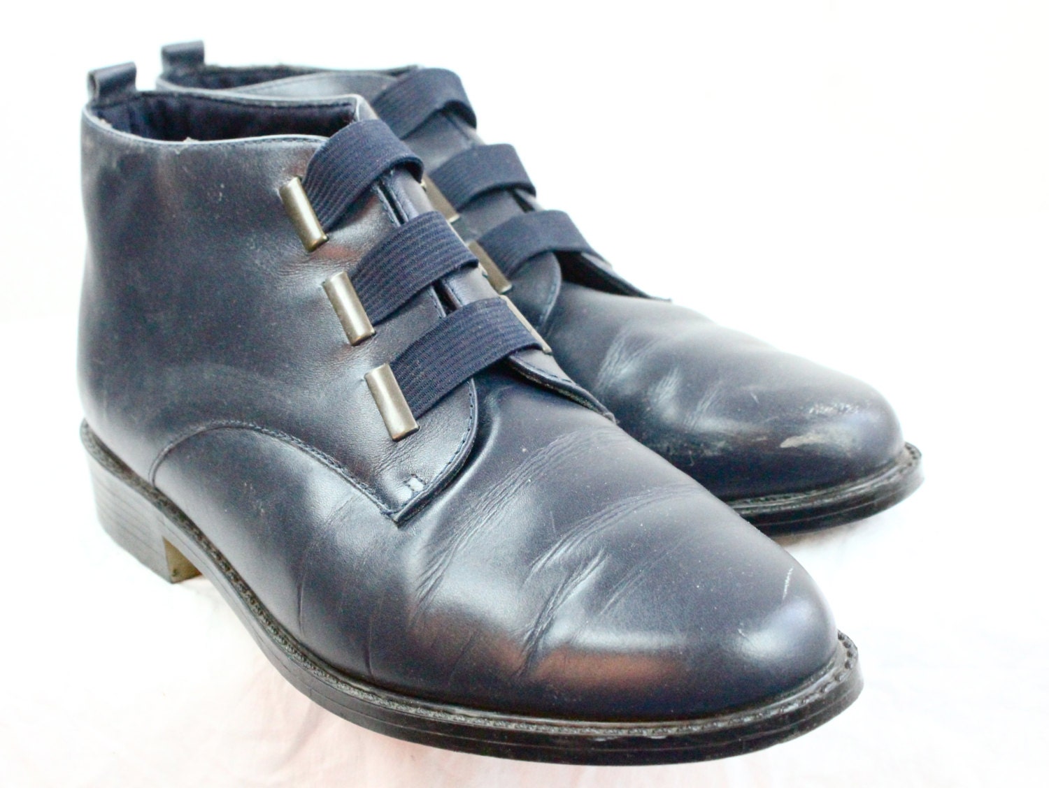 Vintage 80's Navy Leather Ankle Boots Sz 8M