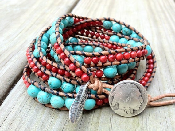 Southwestern Turquoise and Coral Beaded Leather Wrap Bracelet with sterling silver feather charm 5x, Native American bracelet,