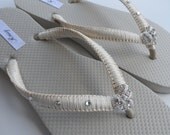 Bridal Ivory Flip Flops / Macrame Beach Flip Flops / Heart Rhinestone Flip Flops / Wedding Flip Flops With Swarovski Crystals ..