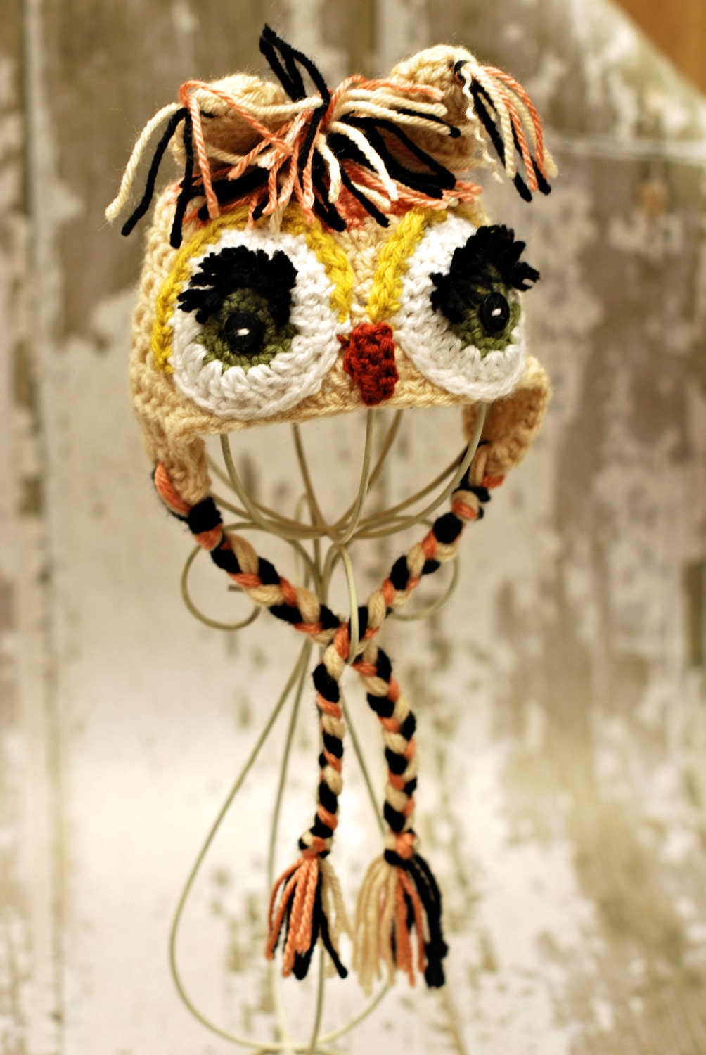 Newborn Baby Hat  Peach and Cream Owl with green eyes and long black eyelashes..