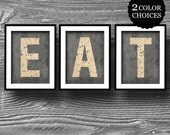 eat kitchen initial letter art print distressed poster inspirational black cream grey typography 8x10 home decor industrial