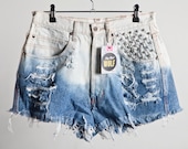 Ombre, High Waisted, Conical Studded, Frayed Denim, Cutoff Shorts, Vintage