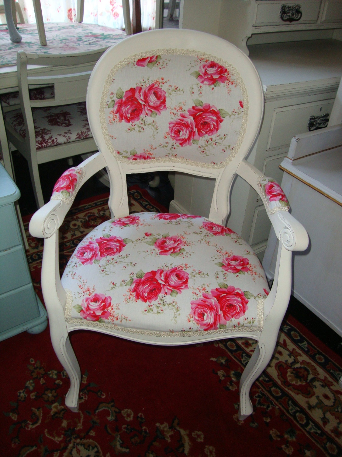 Stunning vintage Italianate handpainted shabby chic carver chair with roses fabric