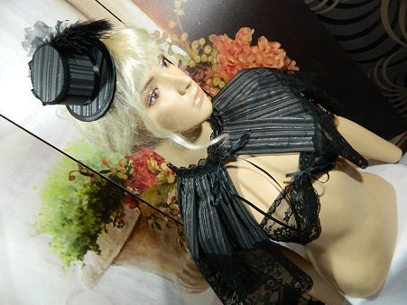 Set of Minihat & Mini Cape silver grey taffetta Gothic Burlesque Victorian Steampunk Larping Wedding