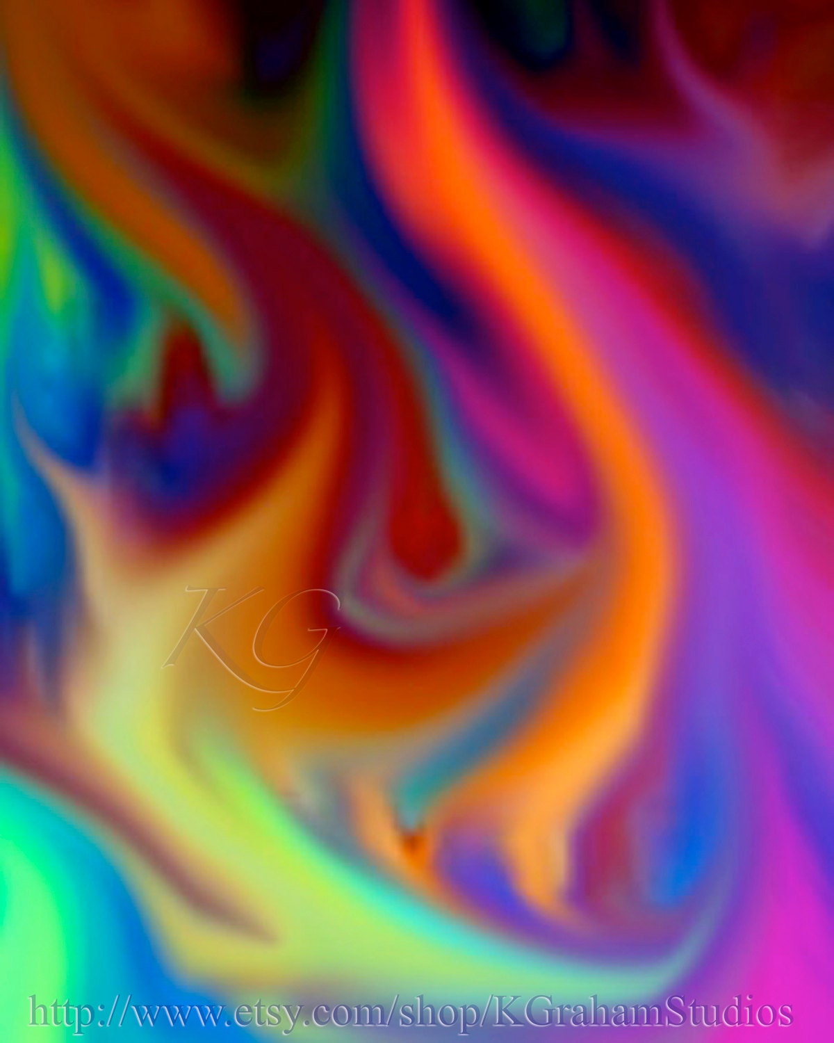 FLAME Art Print Colorful Digital Modern Abstract 8x10 Art by K Graham Yellow Blue Green Purple Rainbow Fire