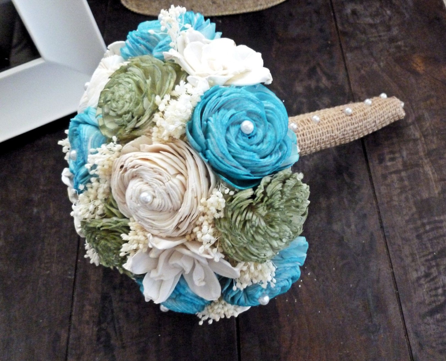 Handmade Wedding Bouquet- Small Turquoise Green Ivory Bridal Bridesmaid Bouquet, Alternative Bouquet, Keepsake Bouquet, Rustic Wedding