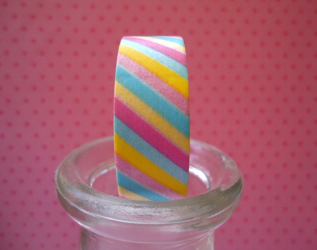 Japanese Washi Tape - Pink, Aqua, Yellow Paper Tape - Striped Washi Tape