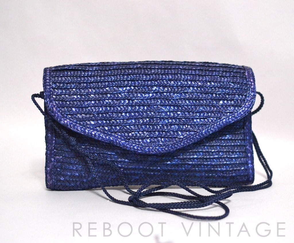 Vintage Royal Blue Jute Envelope Clutch Bag - 1980s