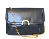 Vintage Sweet Navy & Gold Chain Strap Shoulder Bag  - Vegan VInyl - Convertible Clutch