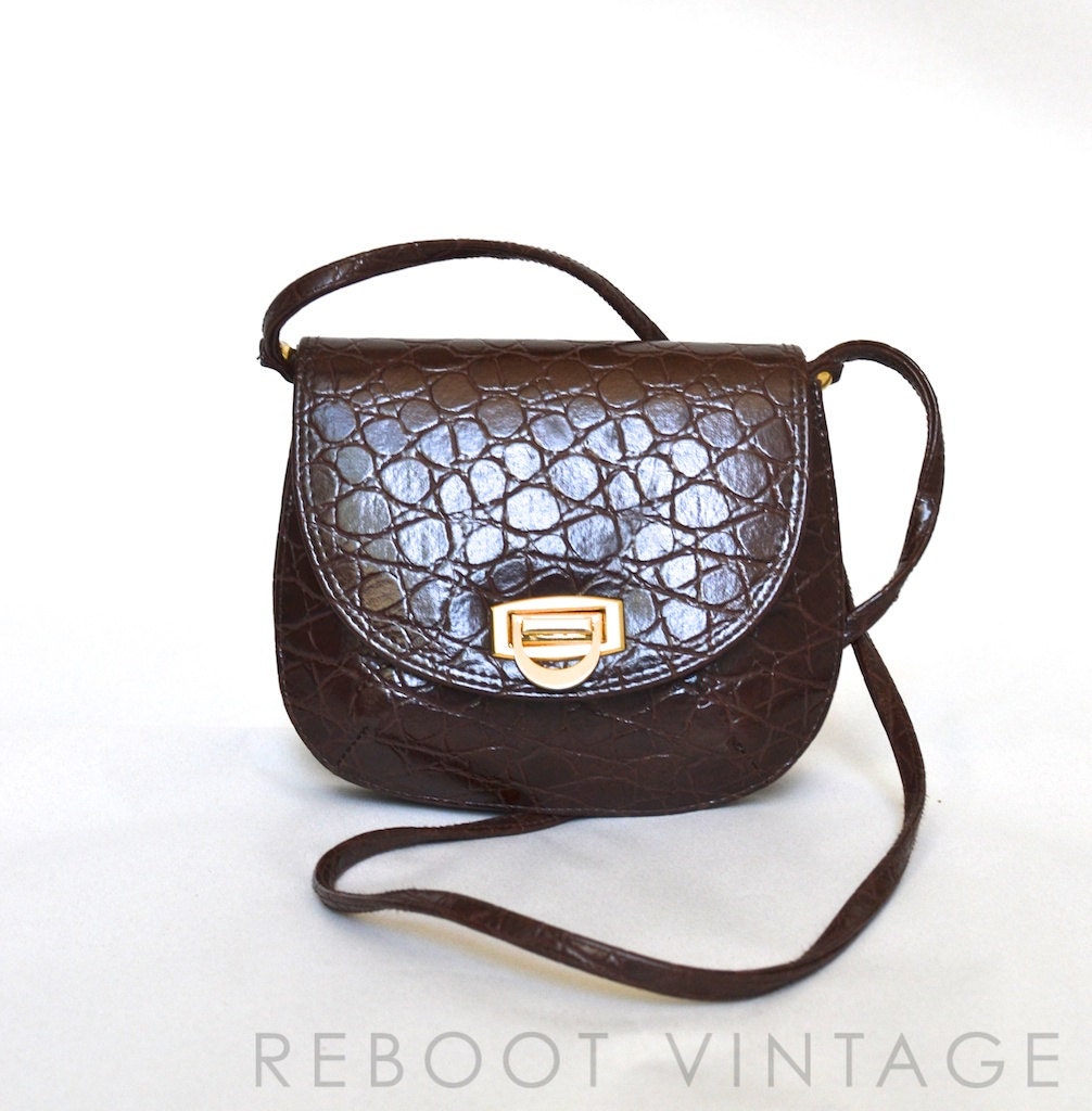 Vintage 80s Bag - Dark Brown Croc Embossed  Crossbody