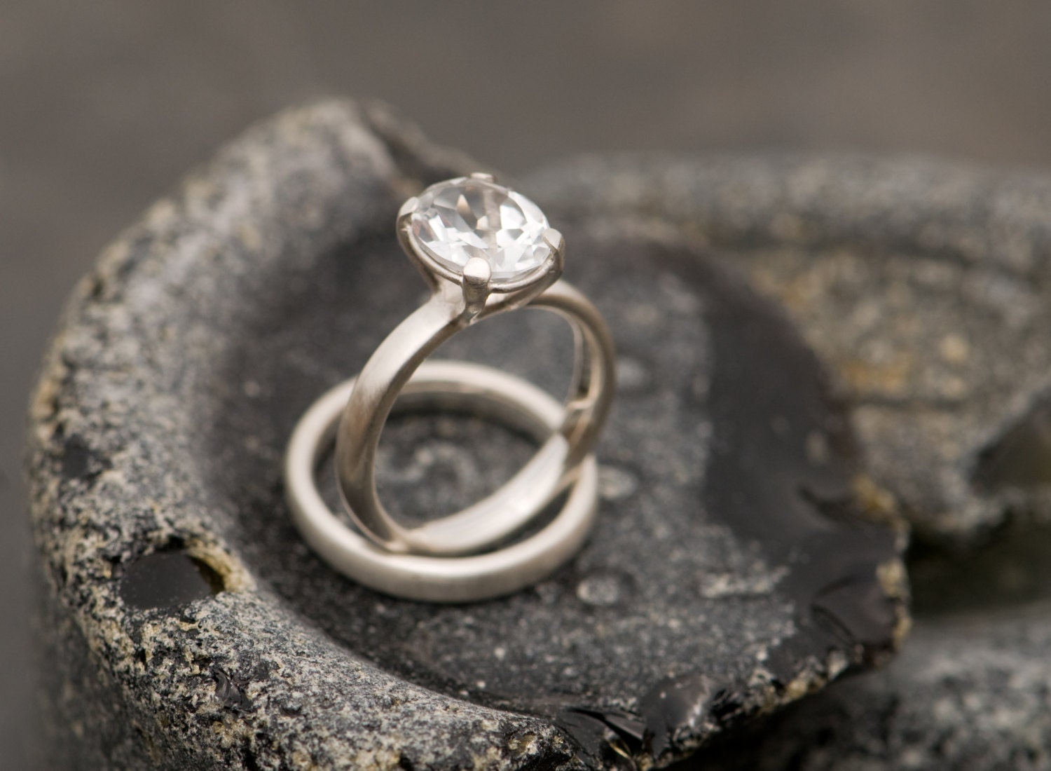 White Topaz Wedding Set - Sterling Silver Engagement Ring and Matching Wedding Band - Made to fit