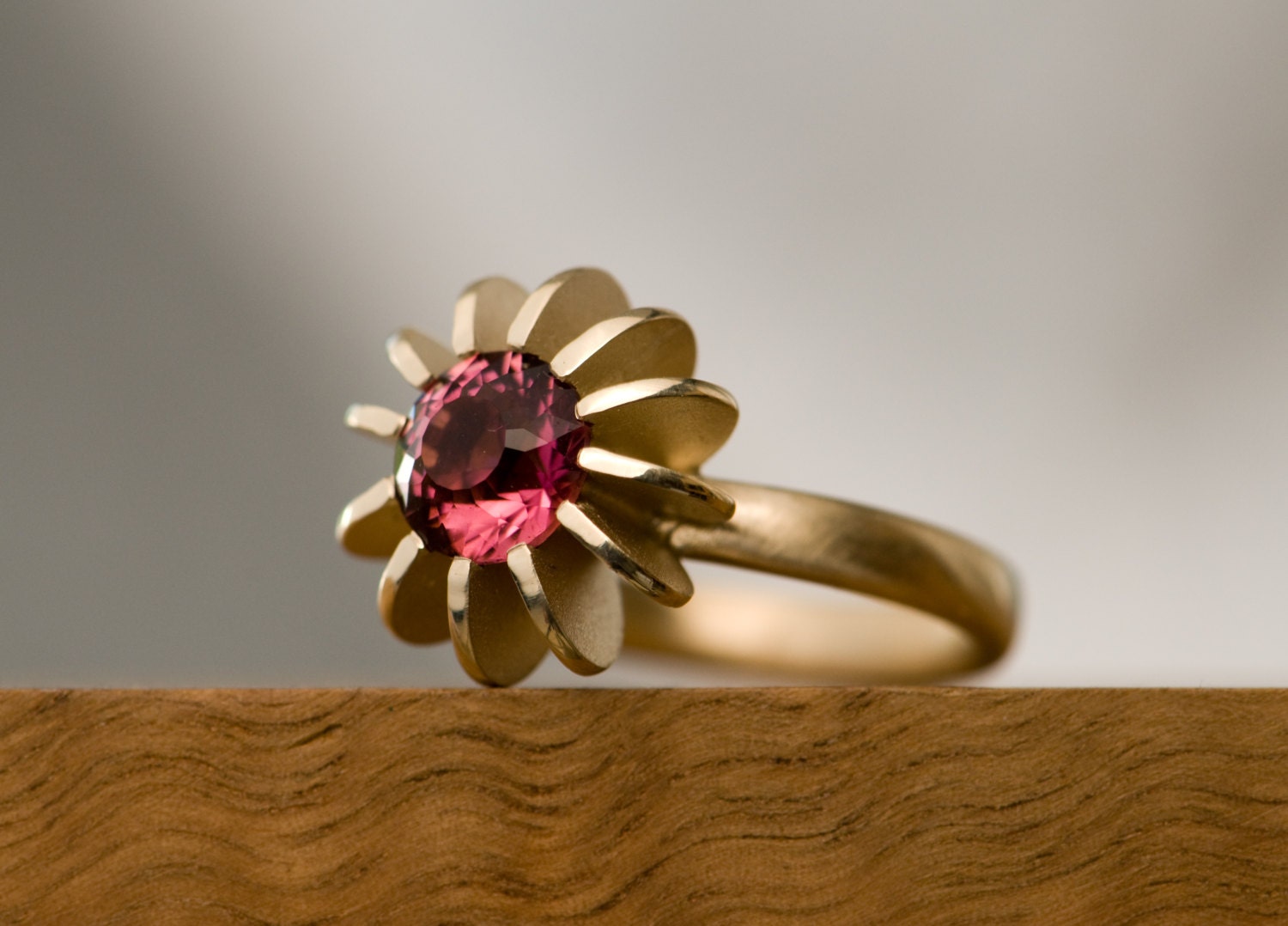 Tourmaline Ring - Pink Tourmaline Set in 9ct yellow gold Sea Urchin Ring - Size 6.25 - Free Shipping