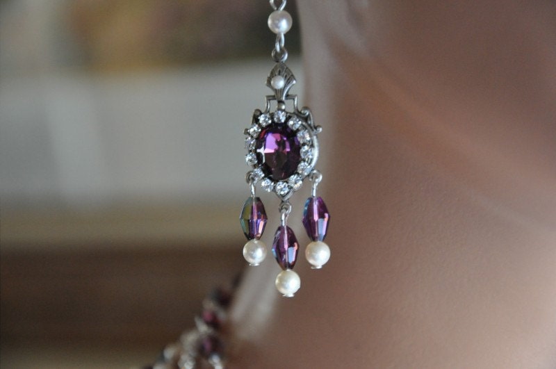 Bridal Earrings,Swarovski Crystal AMETHYST and Pearl Earrings,Vintage Style Earrings,Antique Silver,Dangle,Victorian Earrings,SYMPONIA