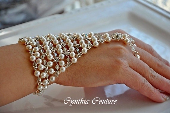 Bridal Slave Bracelet,Victorian Style Bracelet,Pearl Bracelet,Swarovski Crystal Bracelet,Rhinestone Slave Bracelet,Chainmaille, GEM