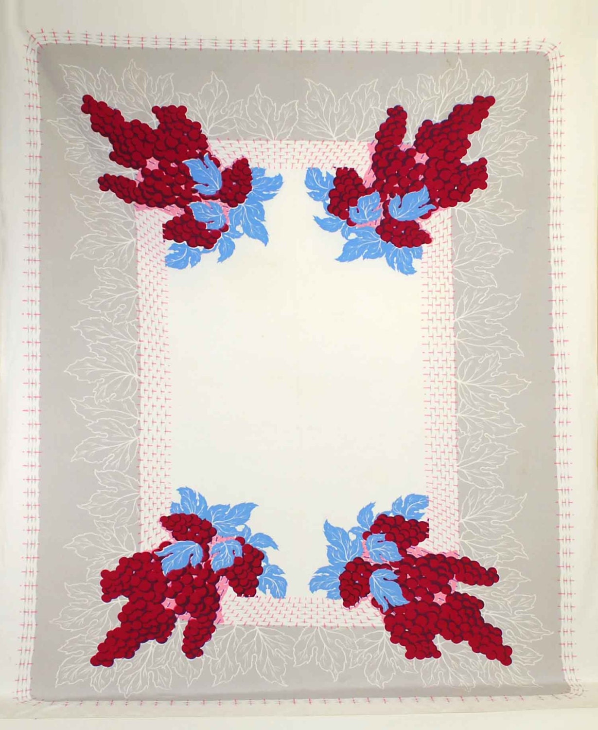 1950's Grapevine Basketweave Tablecloth // Vintage Burgundy, Blue, Pink & Gray Floral Kitchen Table Linen