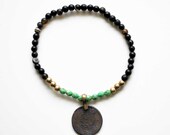 Men's Bracelet - Black Agate Bracelet - Afghani Coin