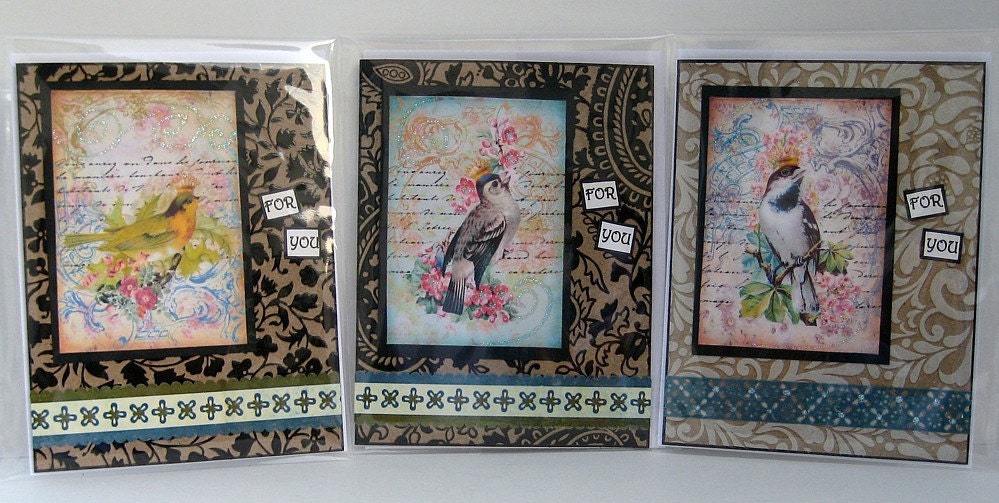 Pop-Up Gift Card Holders, Set of Three Crowned Bird All Occasion Shabby Chic Greeting Cards