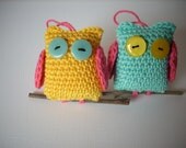 Crocheted little owls  Set of 2 aqua yellow coral
