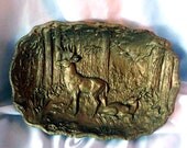 Vintage Gold Doe Buck Deer Decorative Bowl Wood Paper Mache