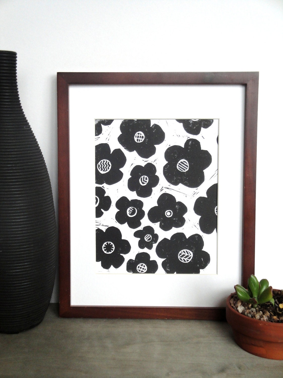 Abstract Floral Linocut Art Print / 8 x 10 Home Decor / Black, Light Bright Green, Sea Green, Turquoise / Nature