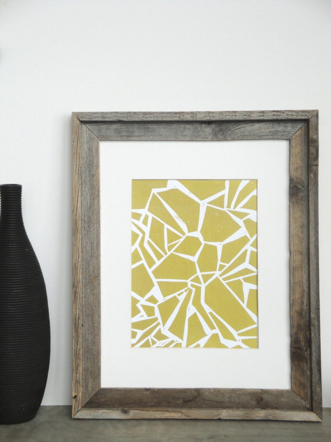 Abstract Geometric Contemporary Linocut Art Print / 9 x 12 Home Decor / Gold, Silver