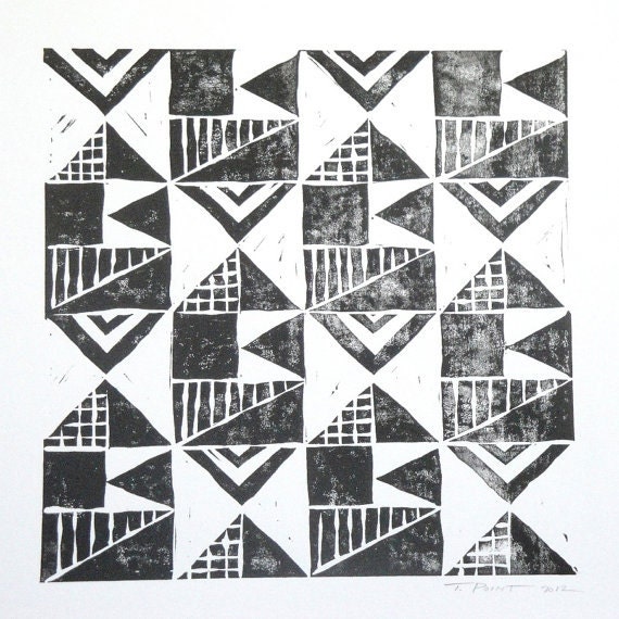 Abstract Repeating Geometric Shapes Linocut Art Print / 8 x 8 Square Home Decor / Black, Various