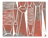 SALE REDUCED Modern Abstract Art Block Print 8 x 10 Home Decor / Pewter, Burnt Orange Accents / Hand Pulled Linocut