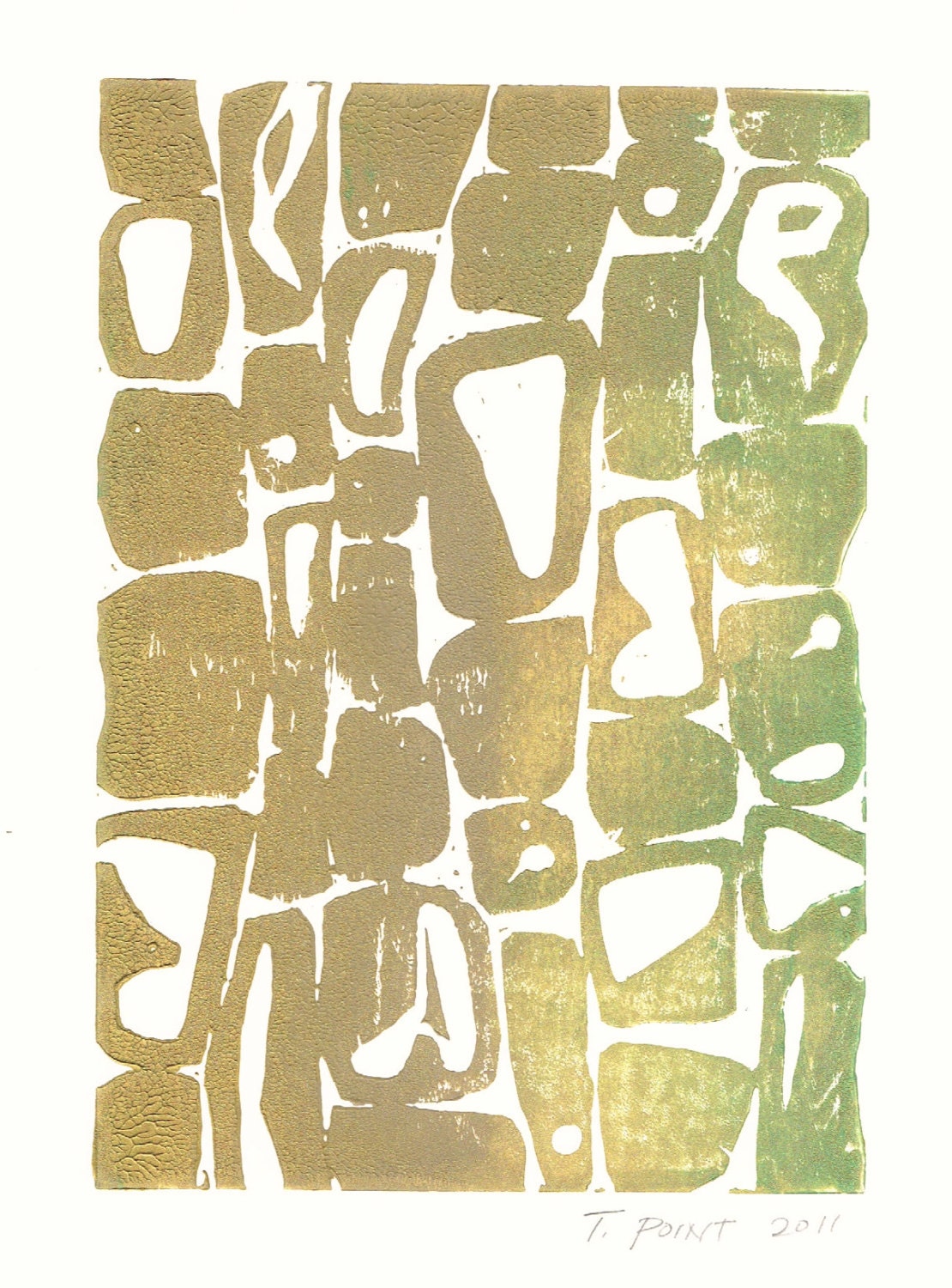 SALE CLEARANCE Modern Contemporary Forms Art Block Print 5 x 7 Home Decor / Gold,Green, Light Brown / Hand Pulled Linocut / Gift