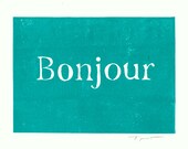 Bonjour, French Typography Linocut Art Print / 5 x 7 Home Decor / Turquoise, Black, Red, Gold