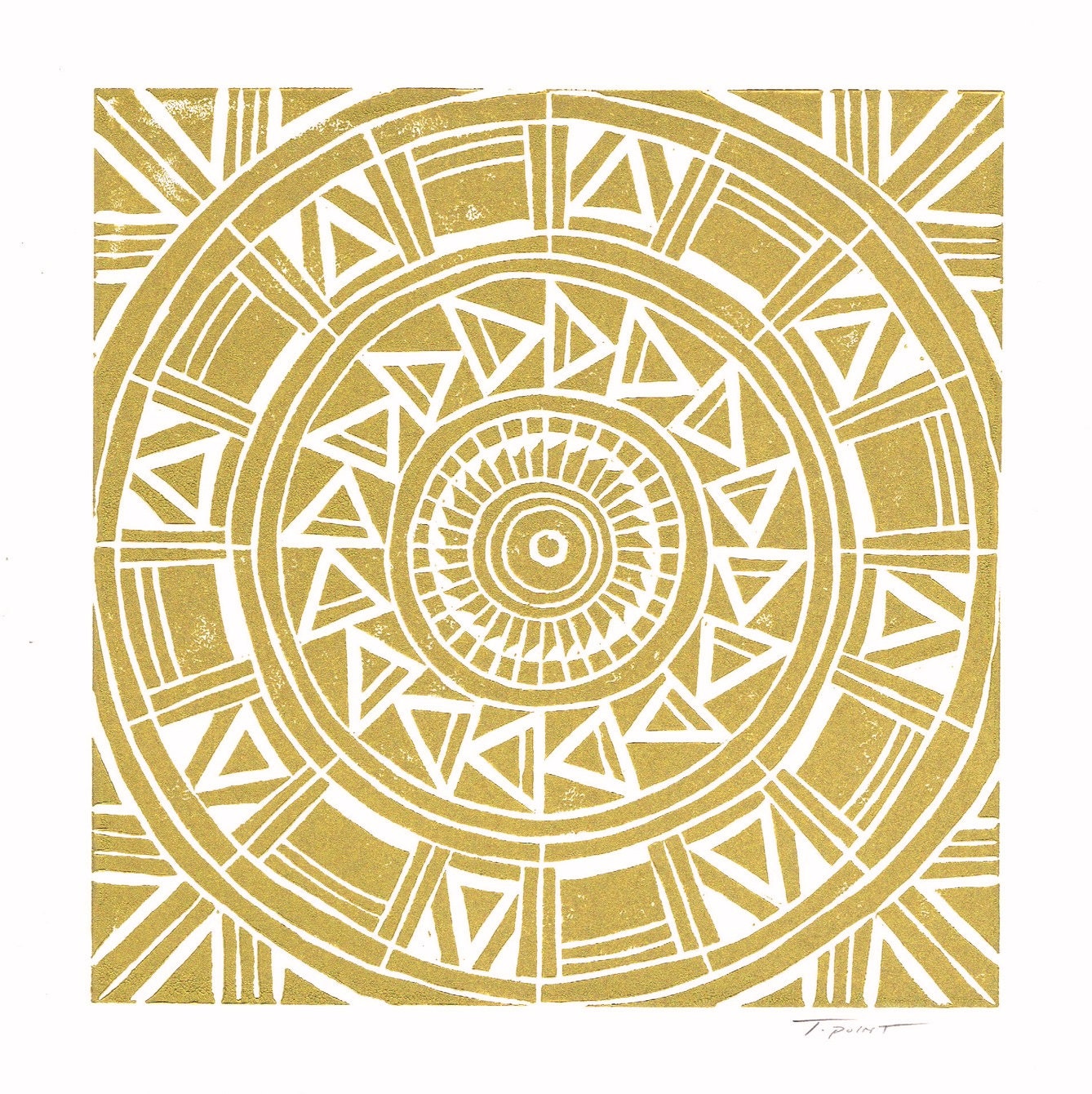 Abstract Circular Geometric Pattern Linocut Art Print / 8 x 8 Square Home Decor / Gold, Black, Turquoise, Red