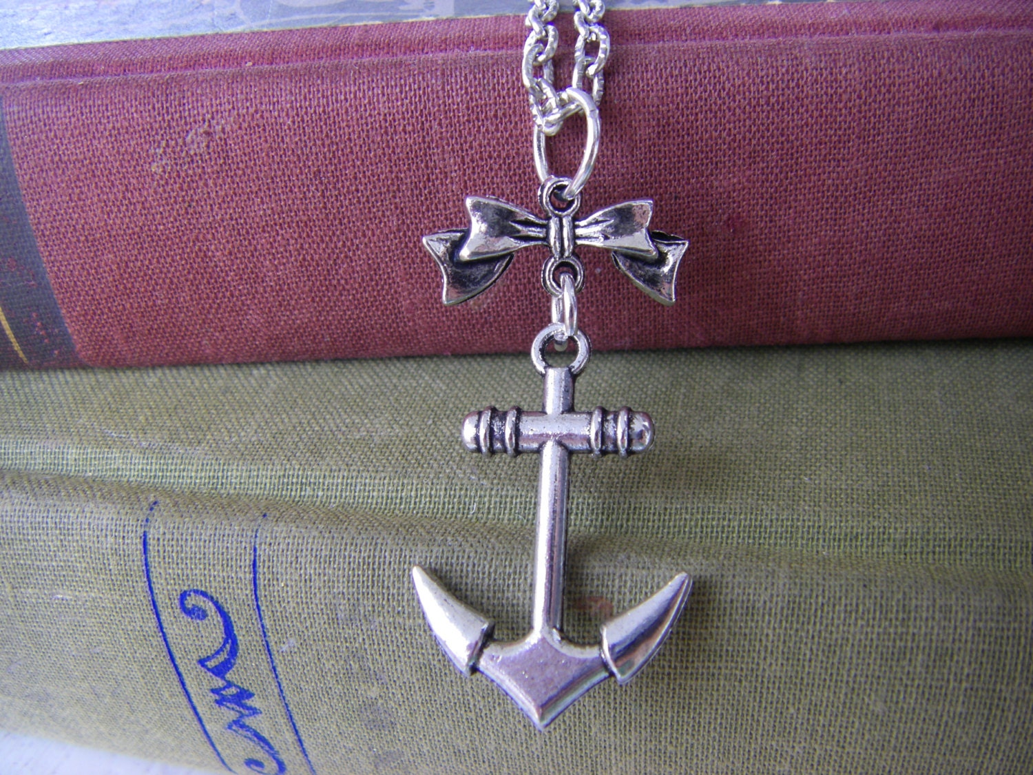 Silver Anchor and Bow Necklace nautical sailor girl gift for her under 20