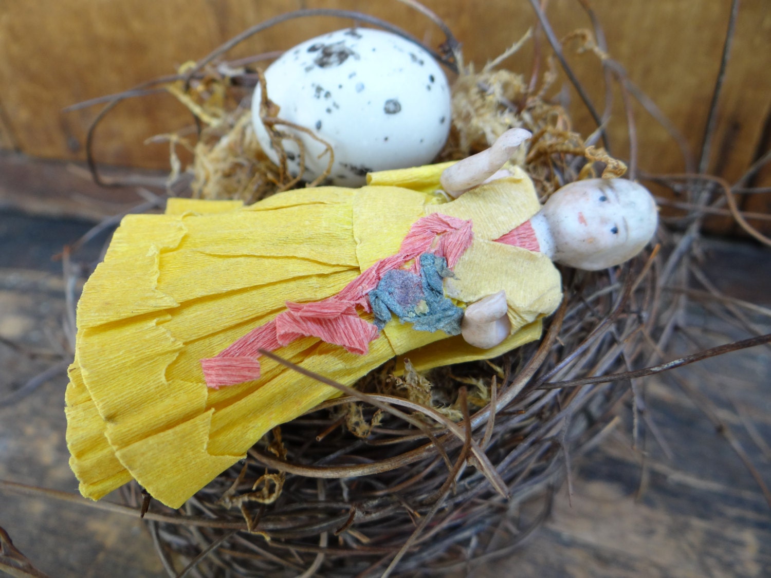 Vintage 1940's Bisque Doll, Hand Painted, Yellow Crepe Paper Dress
