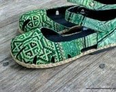 Ethnic Womens Shoes Emerald Green Hmong Embroidered Batik Espadrille Mary Jane Vegan