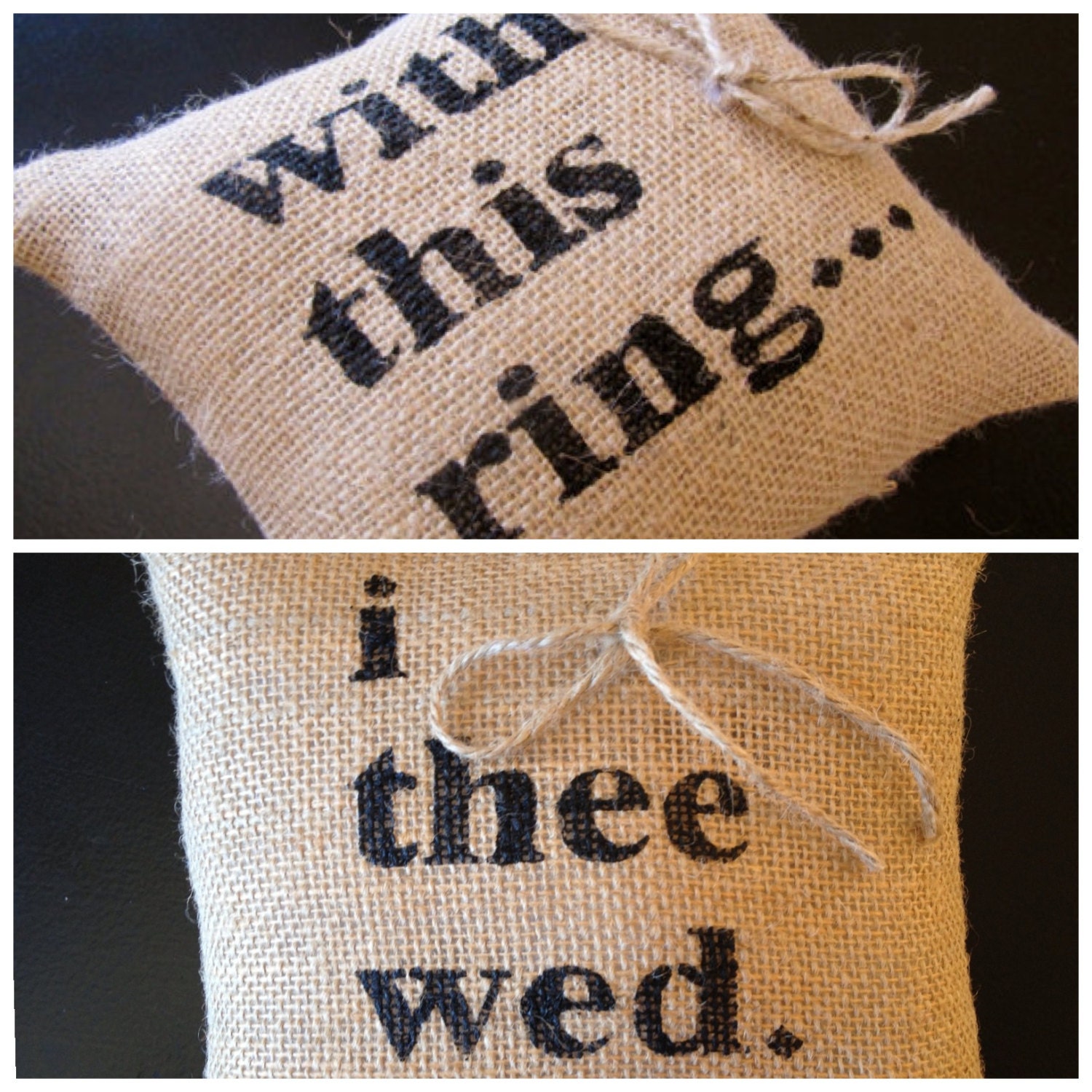 Set of 2 Sweet Burlap Ring Bearer Pillows : with this ring and i thee wed