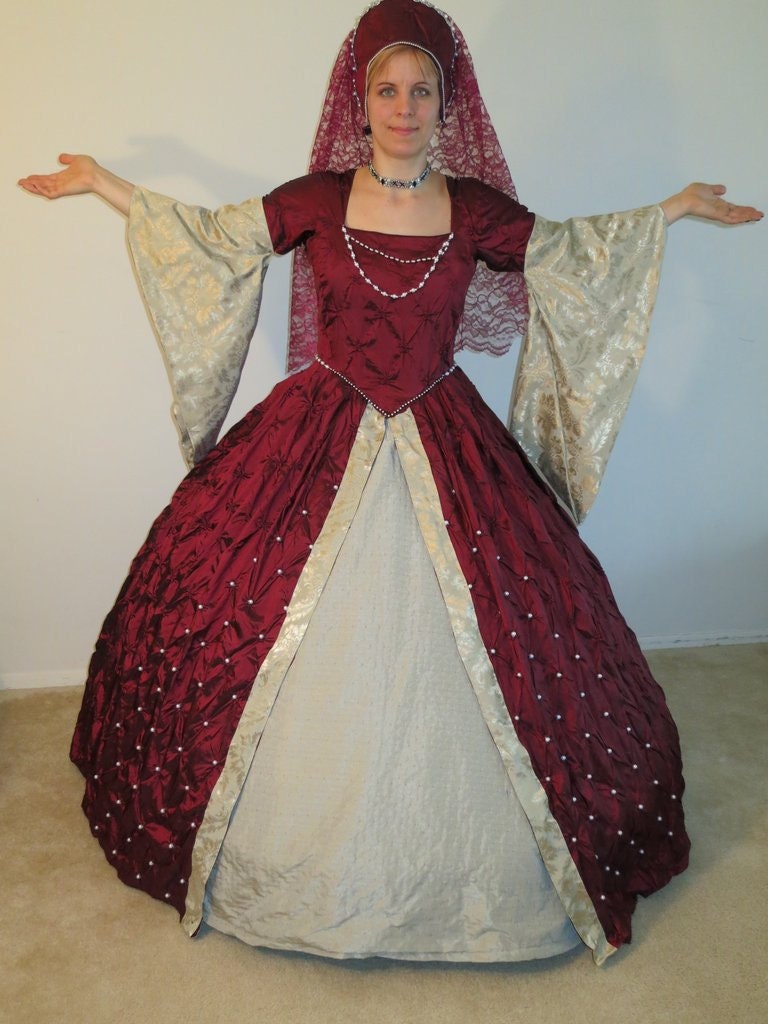 Renaissance dress/ gown with french hood/head piece
