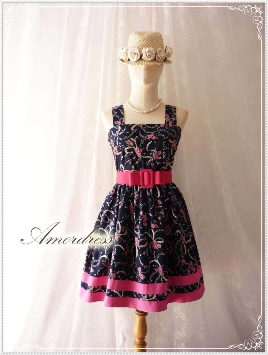 SALE Flower Tea Dress Navy Summer Time Memory Party Birthday Anniversary Tea Party Cocktail Wedding Pink Floral Dress Cotton Dress Size M