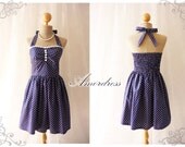 Navy Party Dress Summer Dress Polka Dot Party Bridesmaid Vintage Inspired Halter Neck White Lace Once Upon a Time -XS, S, M, L, CUSTOM-