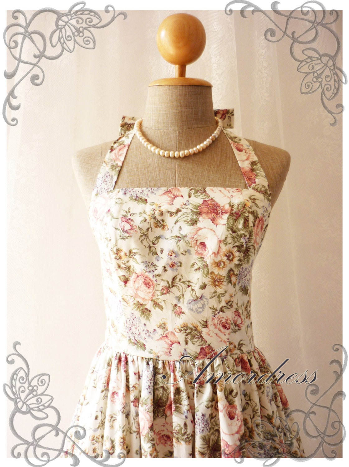 Floral Dress White with Romantic Rose Heaven Vintage Inspired Dress SIZE M Party Tea Dress Once Upon a Time -Size M-