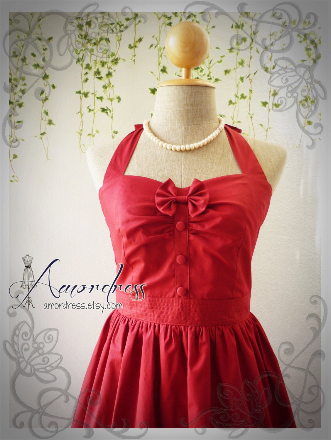 The Goddess Burgundy Dark Red Dress Vintage Inspired Party Dress Tea Party Garden Dress Bridesmaid Wedding Bridal Dress -Size S-M-