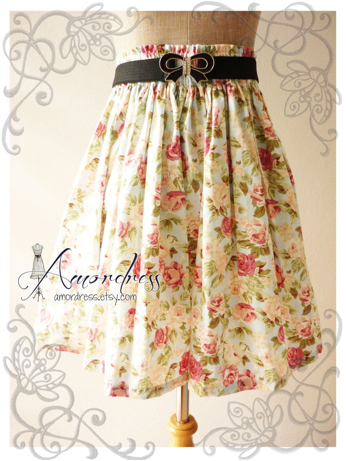 Floral Skirt Vintage Inspired Shabby Chic Skirt Blue with Pink Flower Sweet Skirt -Size S-M-