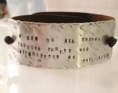 Phillipians 4:13 Father's Day leather cuff with hand stamped aluminum - distressed leather, bronze cross, snap closure, hand stamped