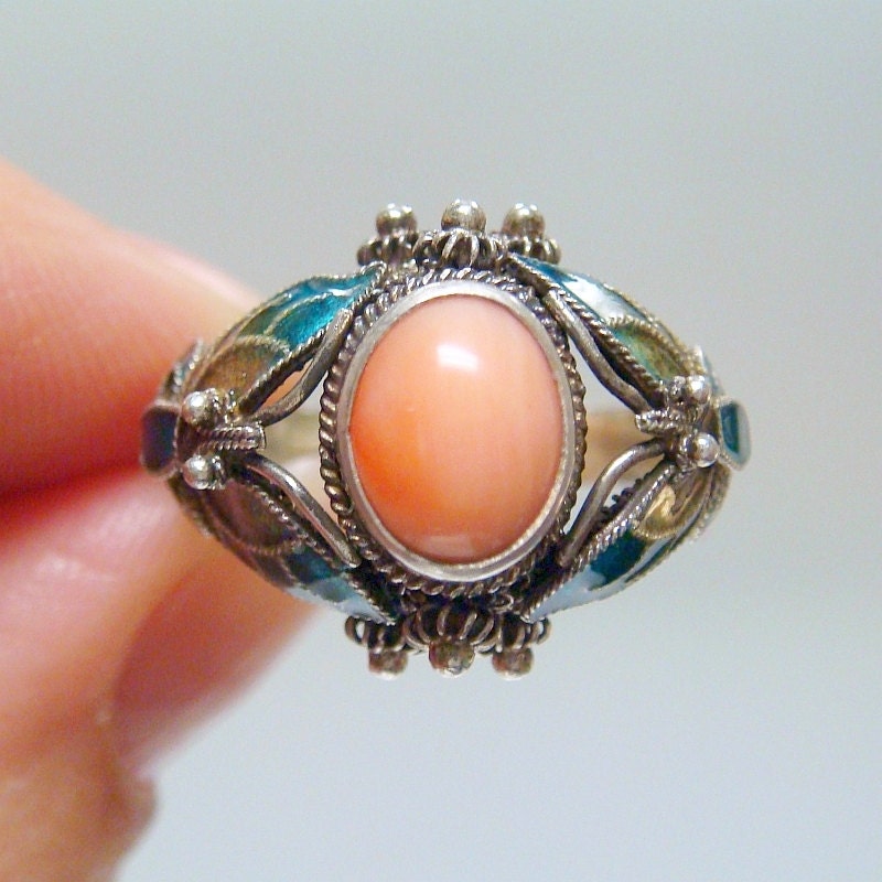Vintage Chinese Coral & Enamel Cloisonne Butterfly Filigree Sterling Silver .925 Ring