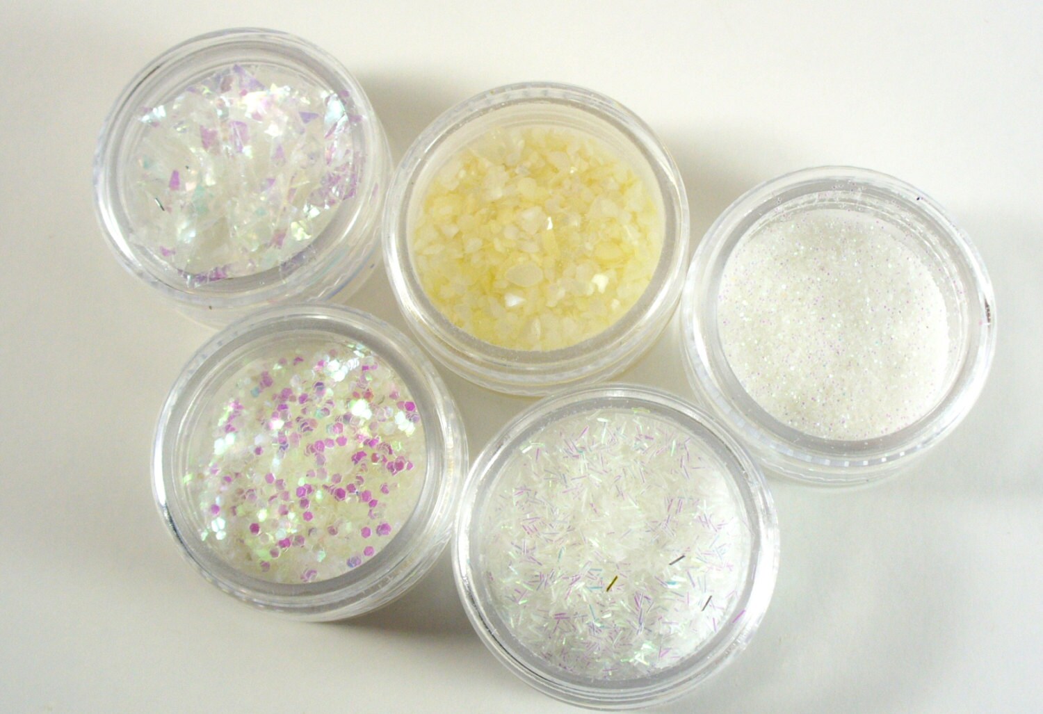 Nail Art Supplies Glitter Mini Pots in white set of 5 / Fine Glitter / Flakey / Crushed Shell / Slice / Wedding White - Sparklysharpfabulous