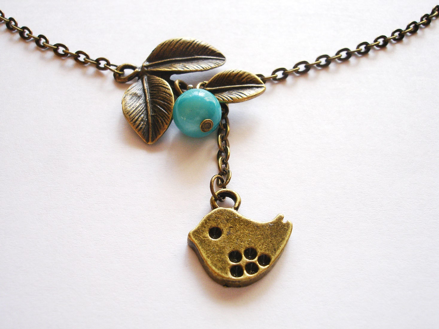 Antique Bronze Happy Bird , Leaf With Turquoise Stone necklace- Cute lariat necklace, Bridal Jewelry, Bridesmaids Jewelry, Bridesmaid .
