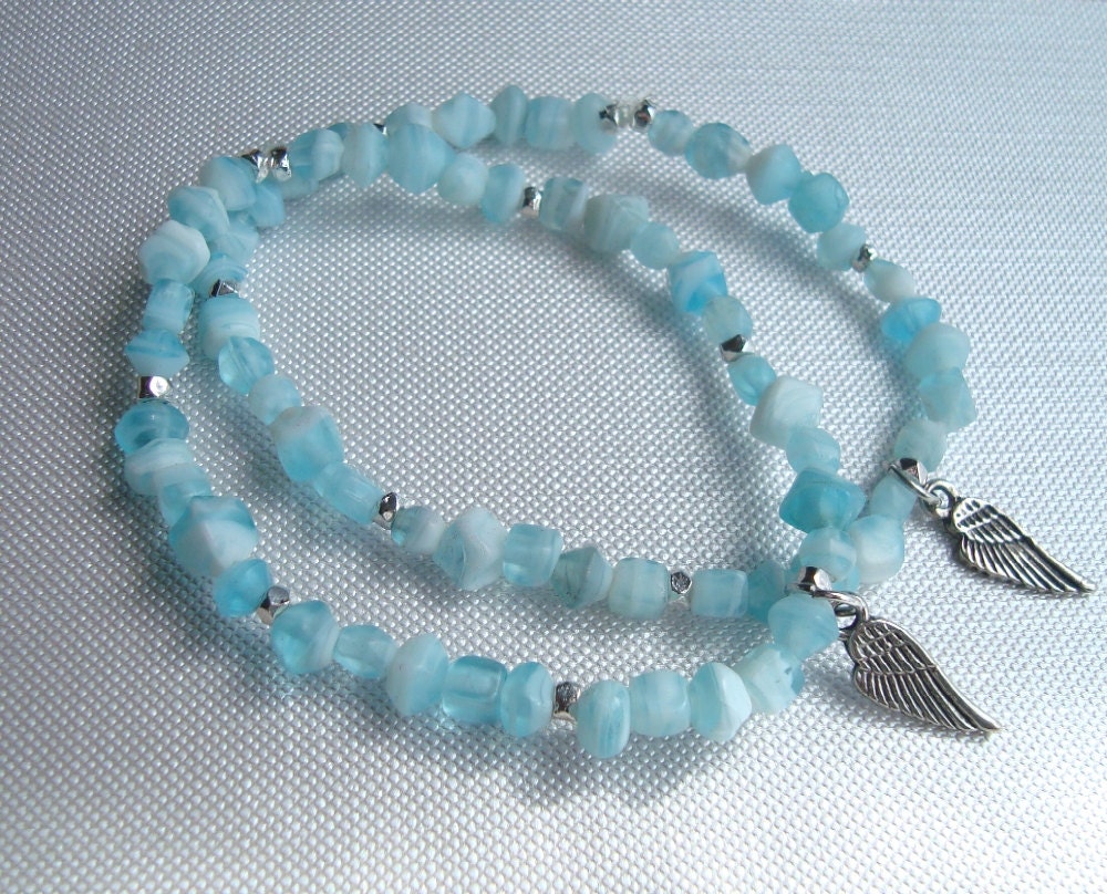 Baby Blue Angel Wing Bracelets - Set of 2 - Glass Friendship Bracelet - Stretch Bracelets - Silver Charm Bracelet- Spring Summer Jewelry