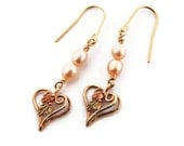 Gold Heart Earrings with Cultured Pearls, romantic gift ideas, earrings for her, bridal jewelry, anniversary gift, gifts for her