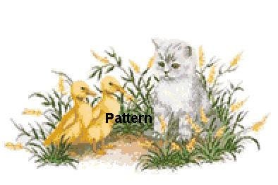 Kitten and Ducklings. Counted Cross Stitch Pattern. PDF Files. Free shipping.