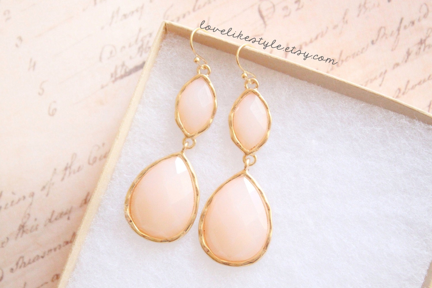 Light Peach Pink Stone Light Gold Framed Dangle Earrings, Bridal Earrings, Bridesmaid Earrings